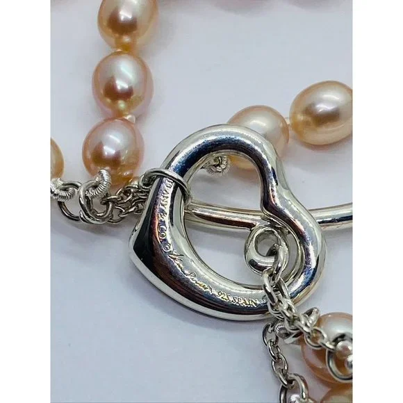 Tiffany & co. Elsa Peretti 3 Row Pink Pearl Heart Silver 925 Bracelet 7.5